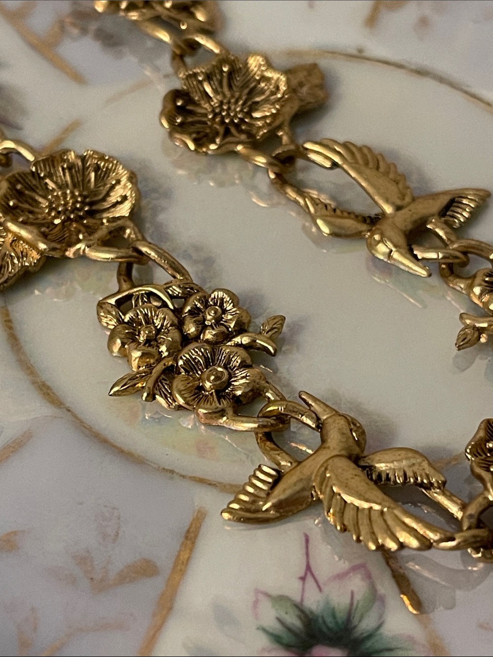 Vintage Hummingbird & Floral Accent Gold-Tone Statement Necklace - Picture 6 of 7